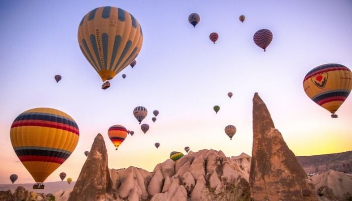 multicolored hot air balloons in the sky at sunrise